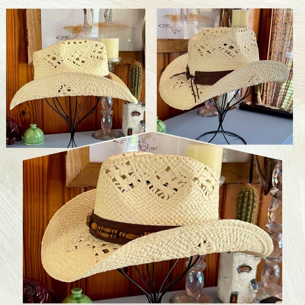 Women’s Straw Cowboy Hat Amber and Wooden Bead Western Drifter